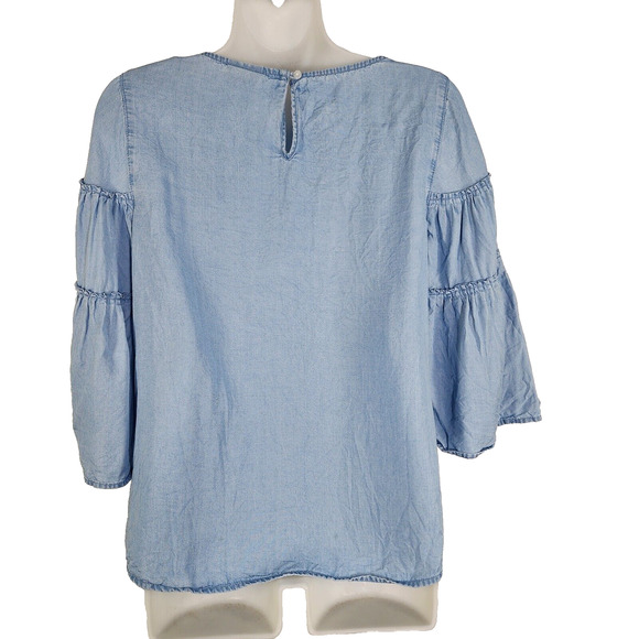 J Jill Denim Top XS Petite Chambray Tiered Ruffle Bell Sleeve Tencel Lyocell Blu - Picture 2 of 13